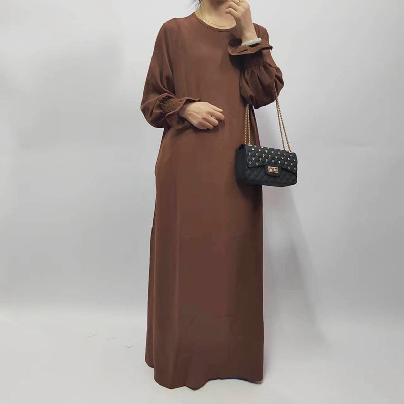 Muslim Women Flower Elastic Sleeve Solid Color Abaya Dress