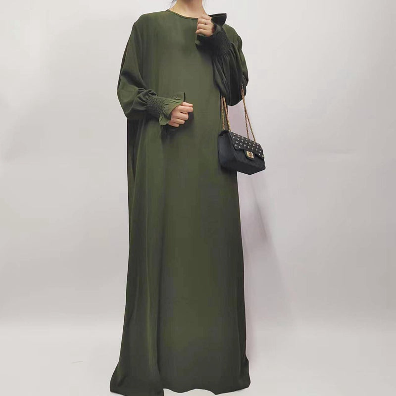 Muslim Women Flower Elastic Sleeve Solid Color Abaya Dress