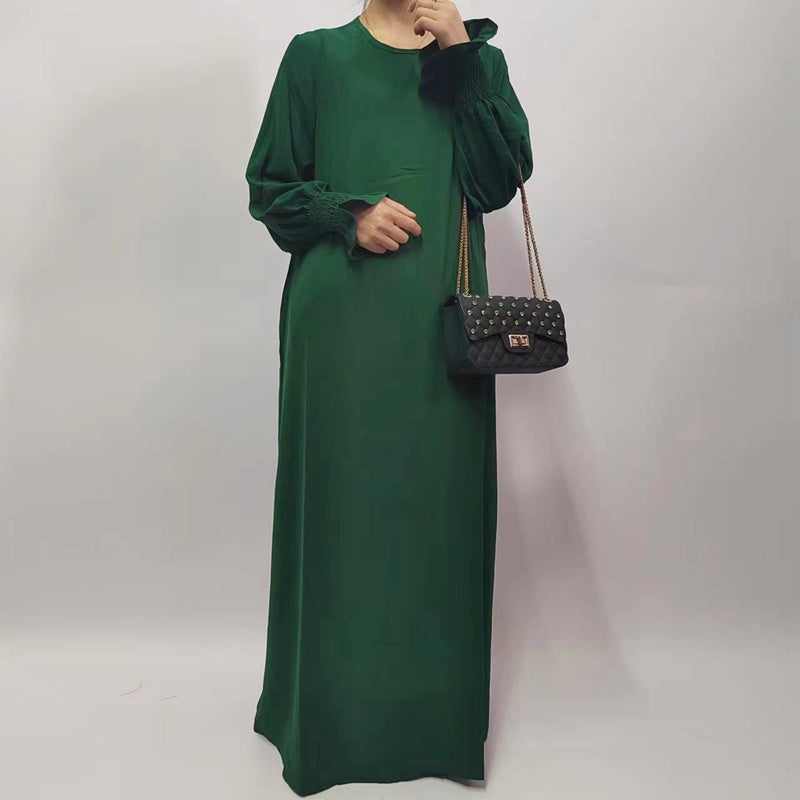 Muslim Women Flower Elastic Sleeve Solid Color Abaya Dress