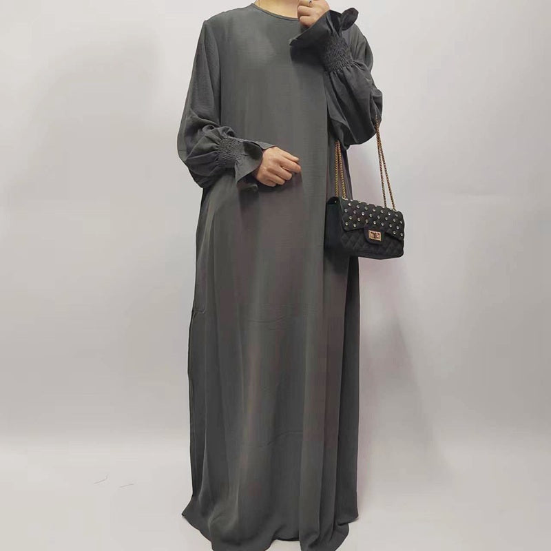 Muslim Women Flower Elastic Sleeve Solid Color Abaya Dress