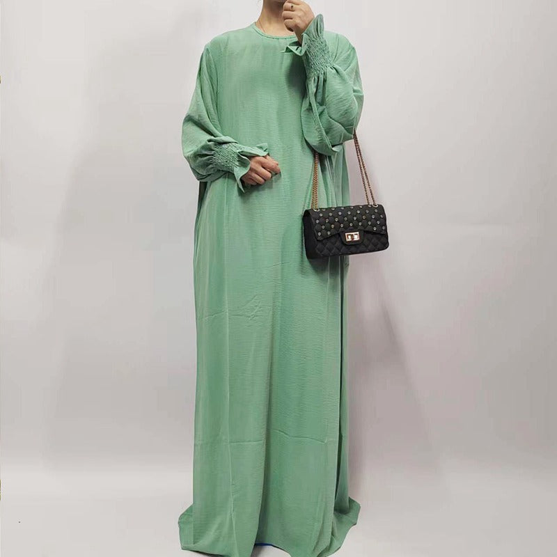 Muslim Women Flower Elastic Sleeve Solid Color Abaya Dress
