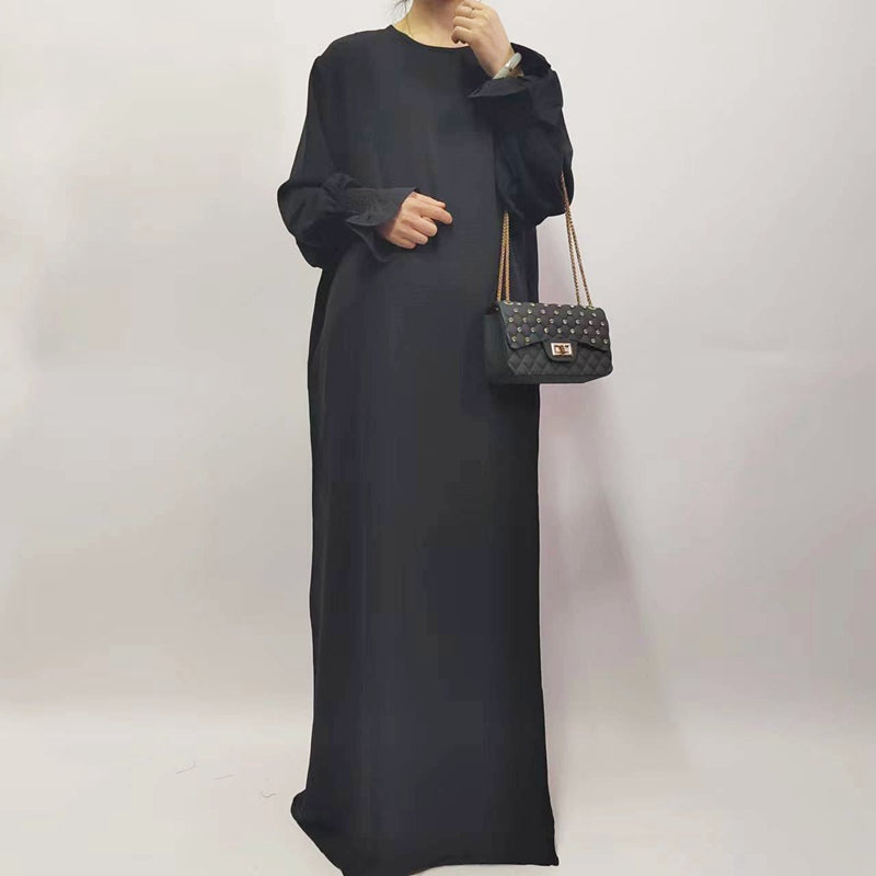 Muslim Women Flower Elastic Sleeve Solid Color Abaya Dress