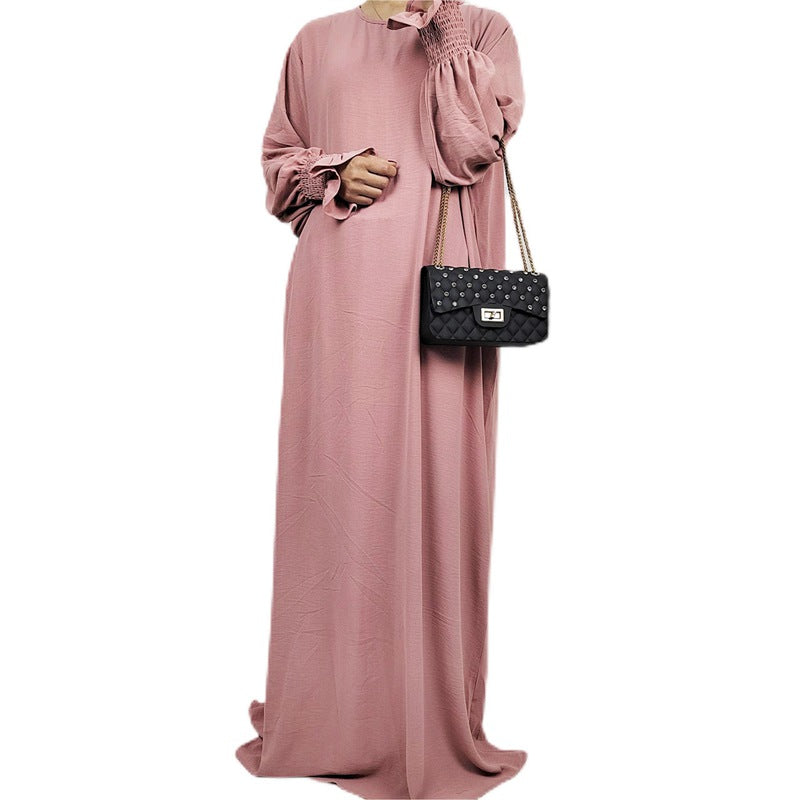 Muslim Women Flower Elastic Sleeve Solid Color Abaya Dress