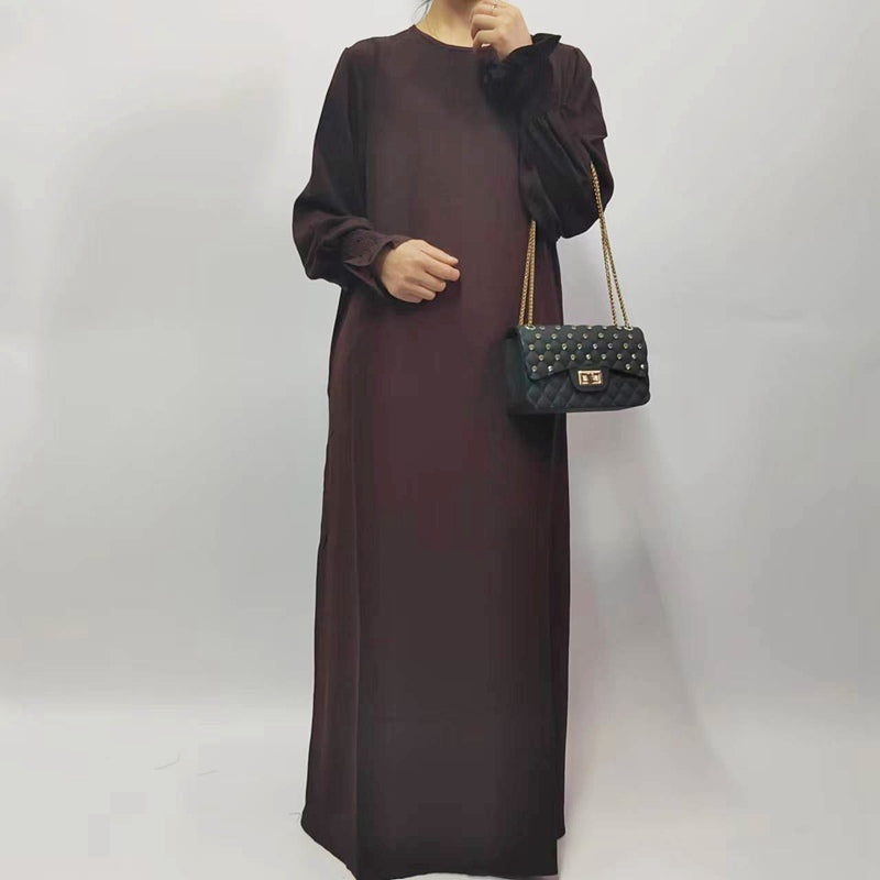 Muslim Women Flower Elastic Sleeve Solid Color Abaya Dress