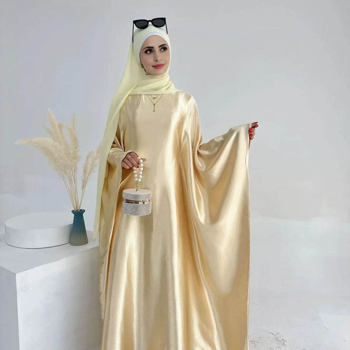 Wrinkle Satin Bright Muslim Women Farasha Abaya Dress