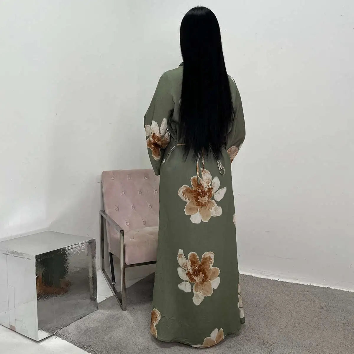 Satin Printed Abaya Dress With Belt #251063