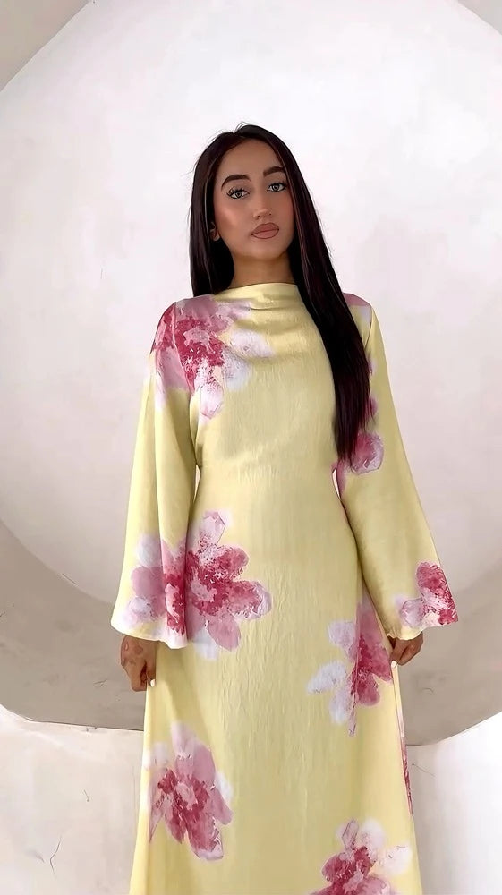 Urgarment Satin Printed Abaya Dress With Belt #251063