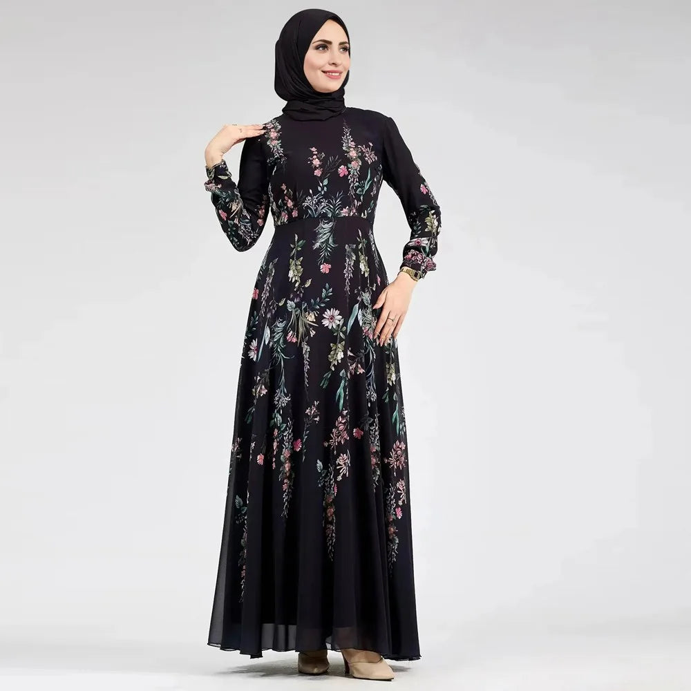 Chiffon Printed Abaya Dress With Belt #25979