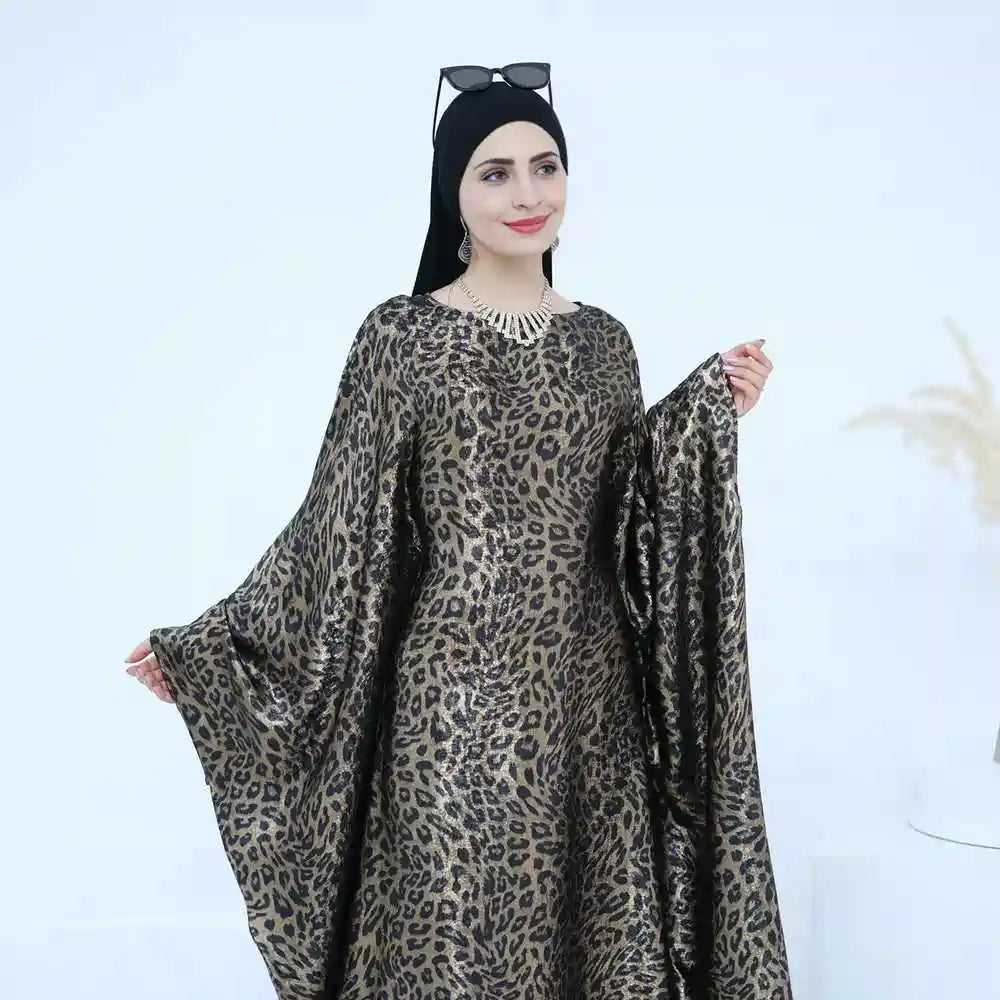Bronzing Leopard Print Batwing Sleeve Farasha Abaya Dress #25964