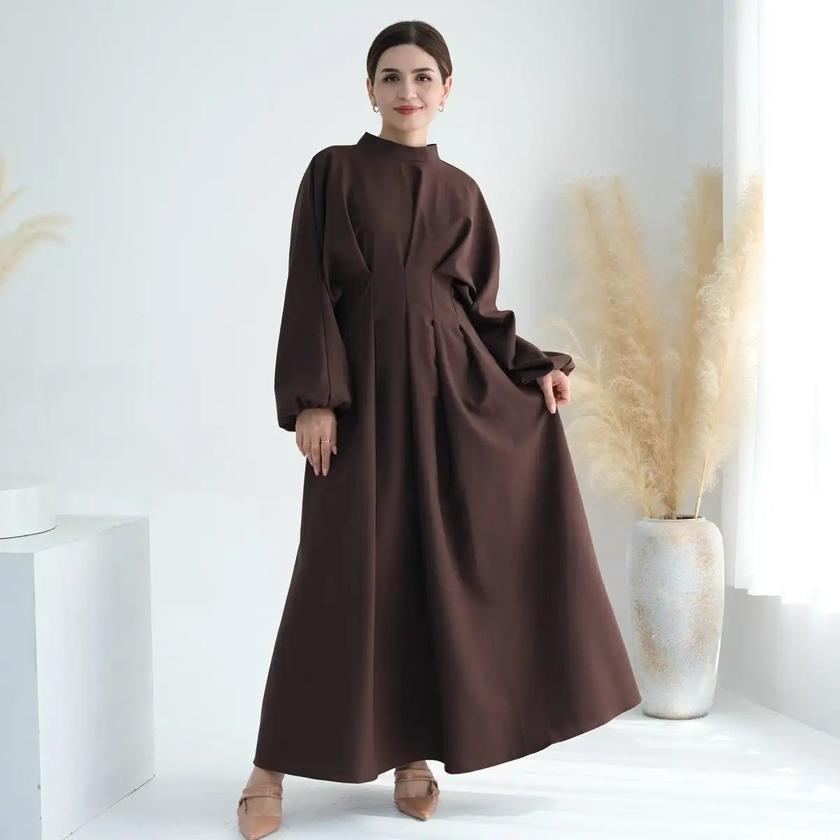 Muslim Women Elastic Sleeve Linen Abaya Dress Urgarment Muslim Women Elastic Sleeve Linen Abaya Dress Urgarment