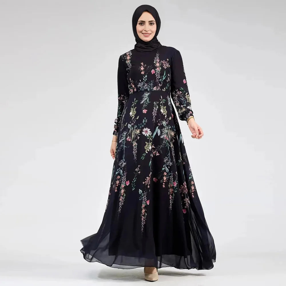 Chiffon Printed Abaya Dress With Belt #25979