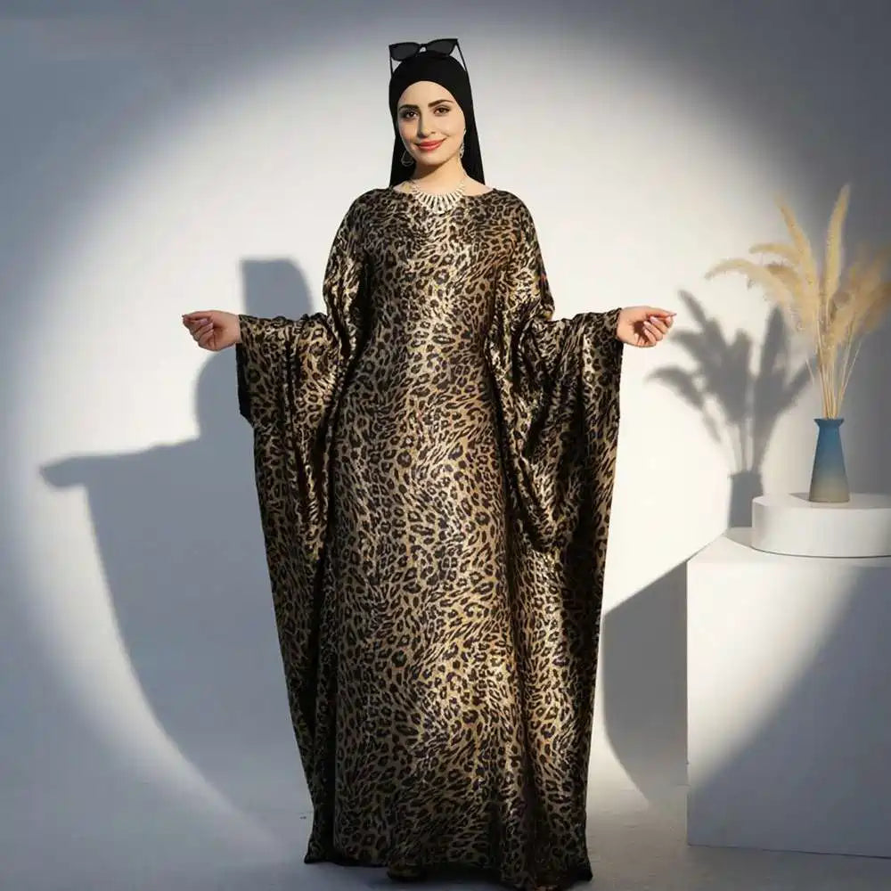 Bronzing Leopard Print Batwing Sleeve Farasha Abaya Dress #25964