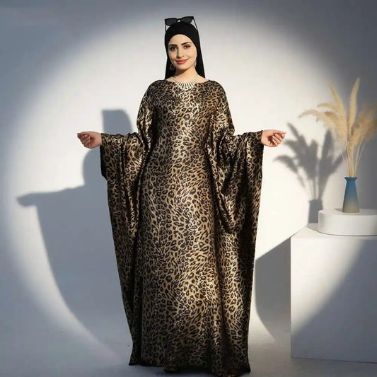 Bronzing Leopard Print Batwing Sleeve Farasha Abaya Dress #25964