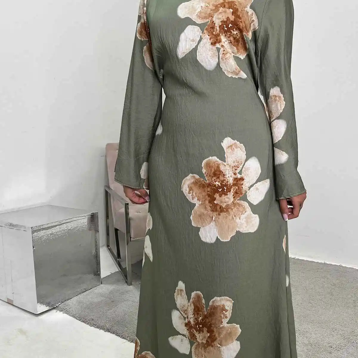 Satin Printed Abaya Dress With Belt #251063