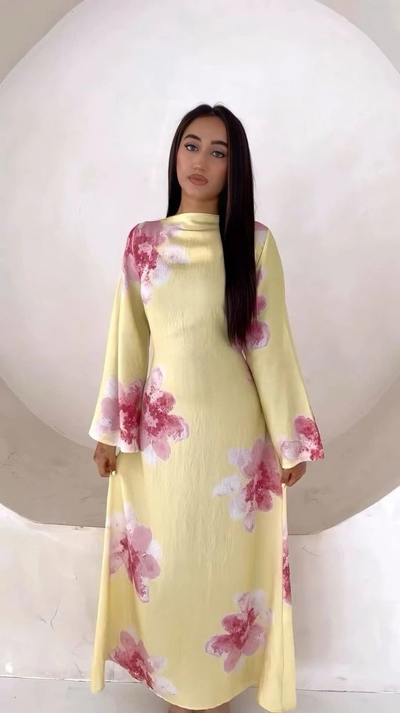 Urgarment Satin Printed Abaya Dress With Belt #251063