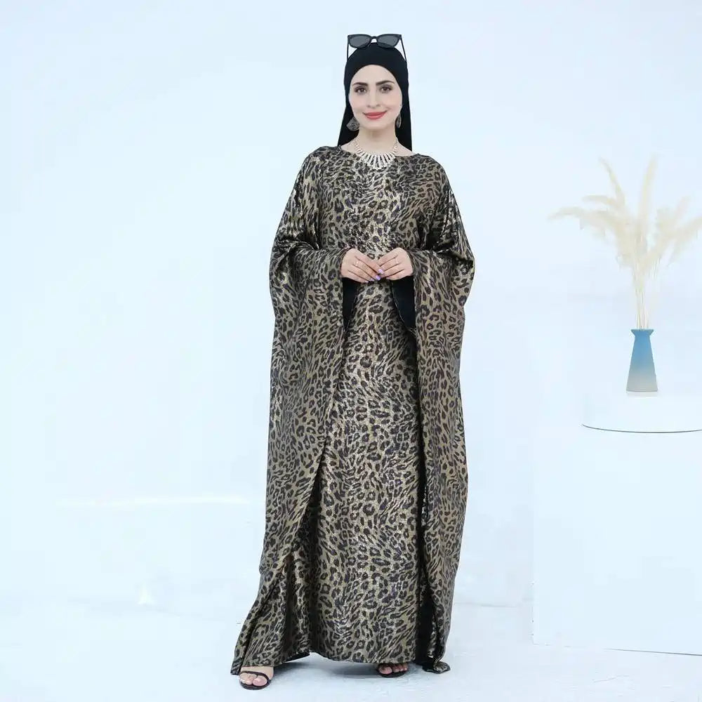 Bronzing Leopard Print Batwing Sleeve Farasha Abaya Dress #25964