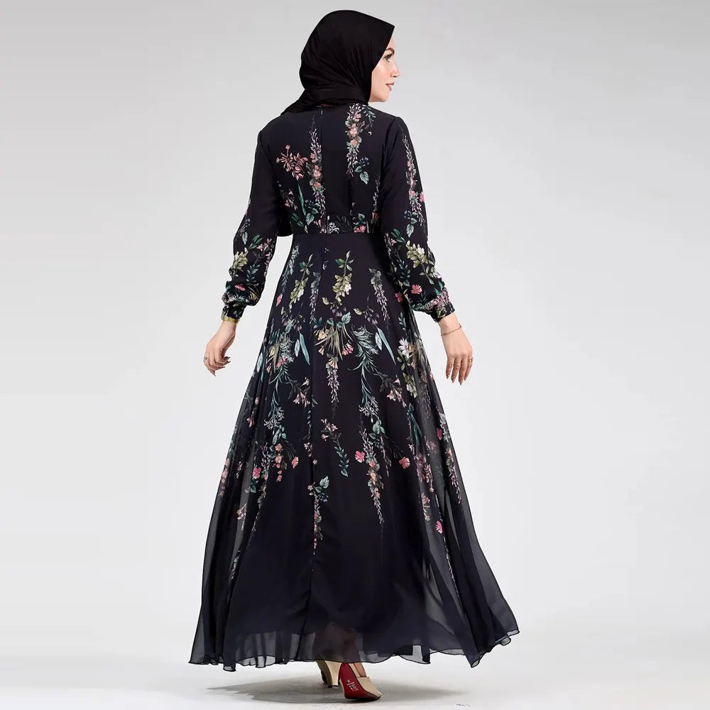 Chiffon Printed Abaya Dress With Belt #25979