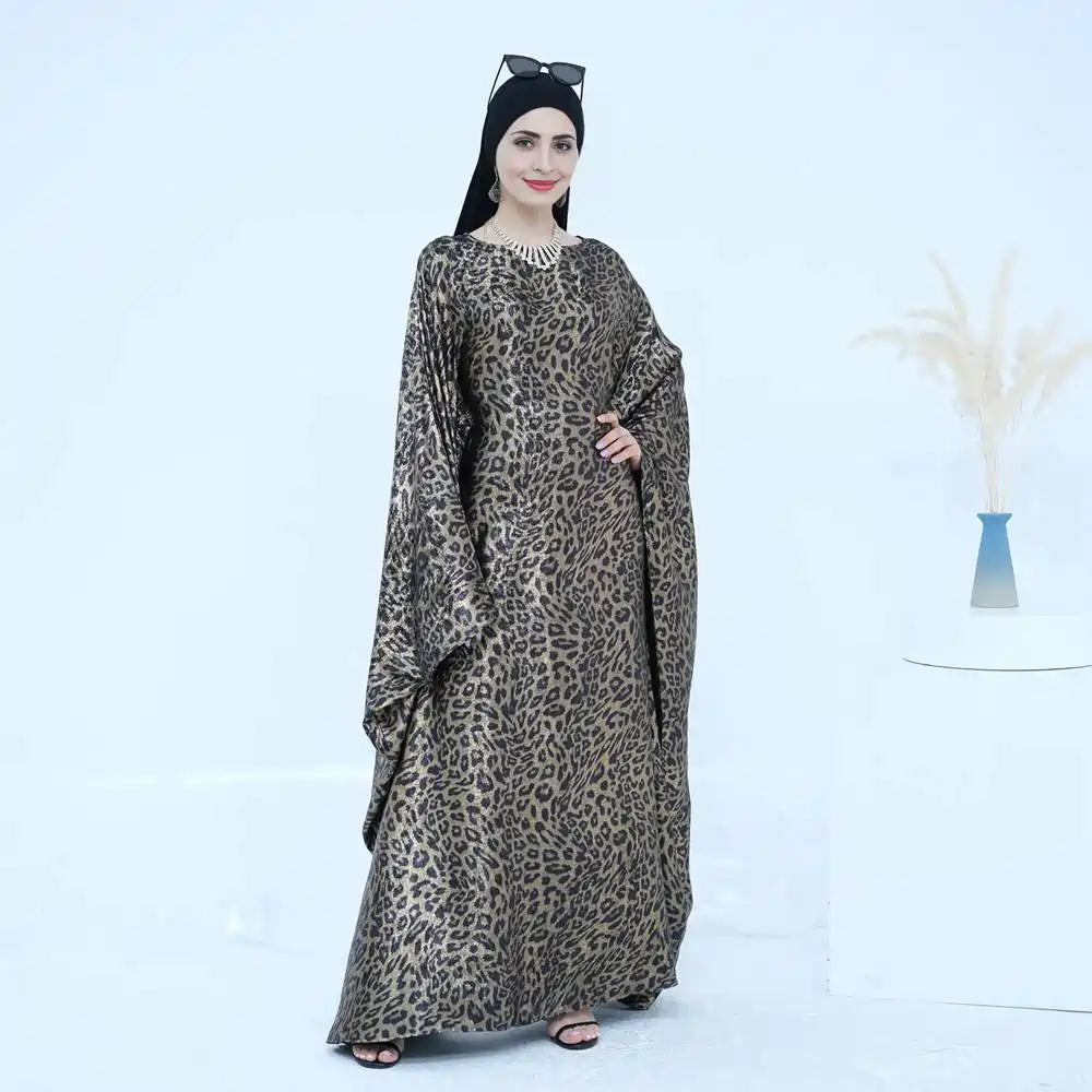 Bronzing Leopard Print Batwing Sleeve Farasha Abaya Dress #25964