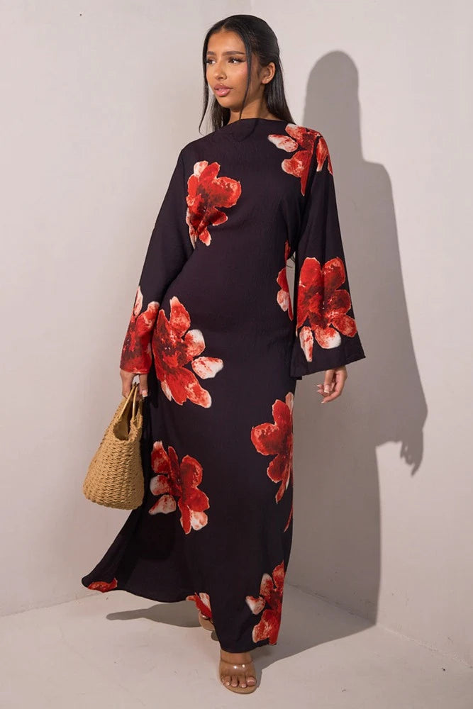 Urgarment Satin Printed Abaya Dress With Belt #251063