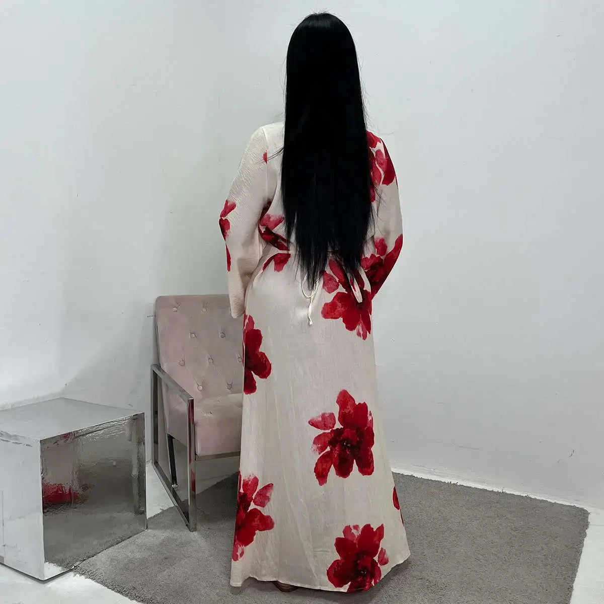 Satin Printed Abaya Dress With Belt #251063