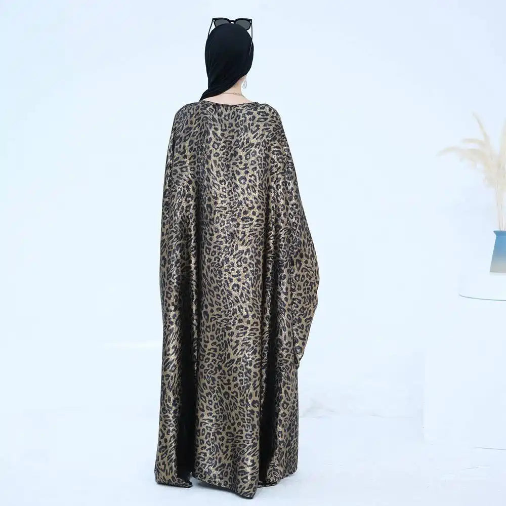 Bronzing Leopard Print Batwing Sleeve Farasha Abaya Dress #25964