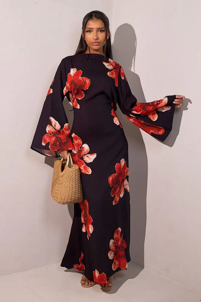 Urgarment Satin Printed Abaya Dress With Belt #251063