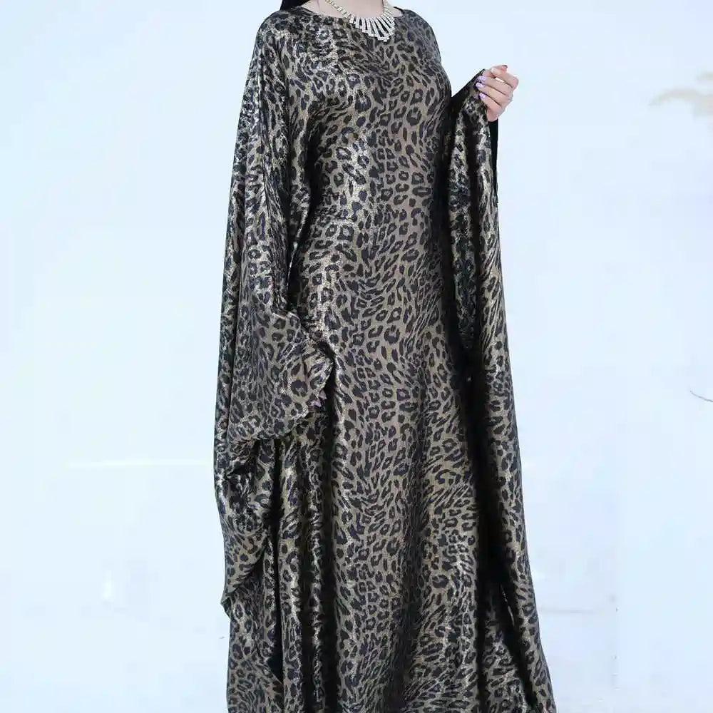 Bronzing Leopard Print Batwing Sleeve Farasha Abaya Dress #25964