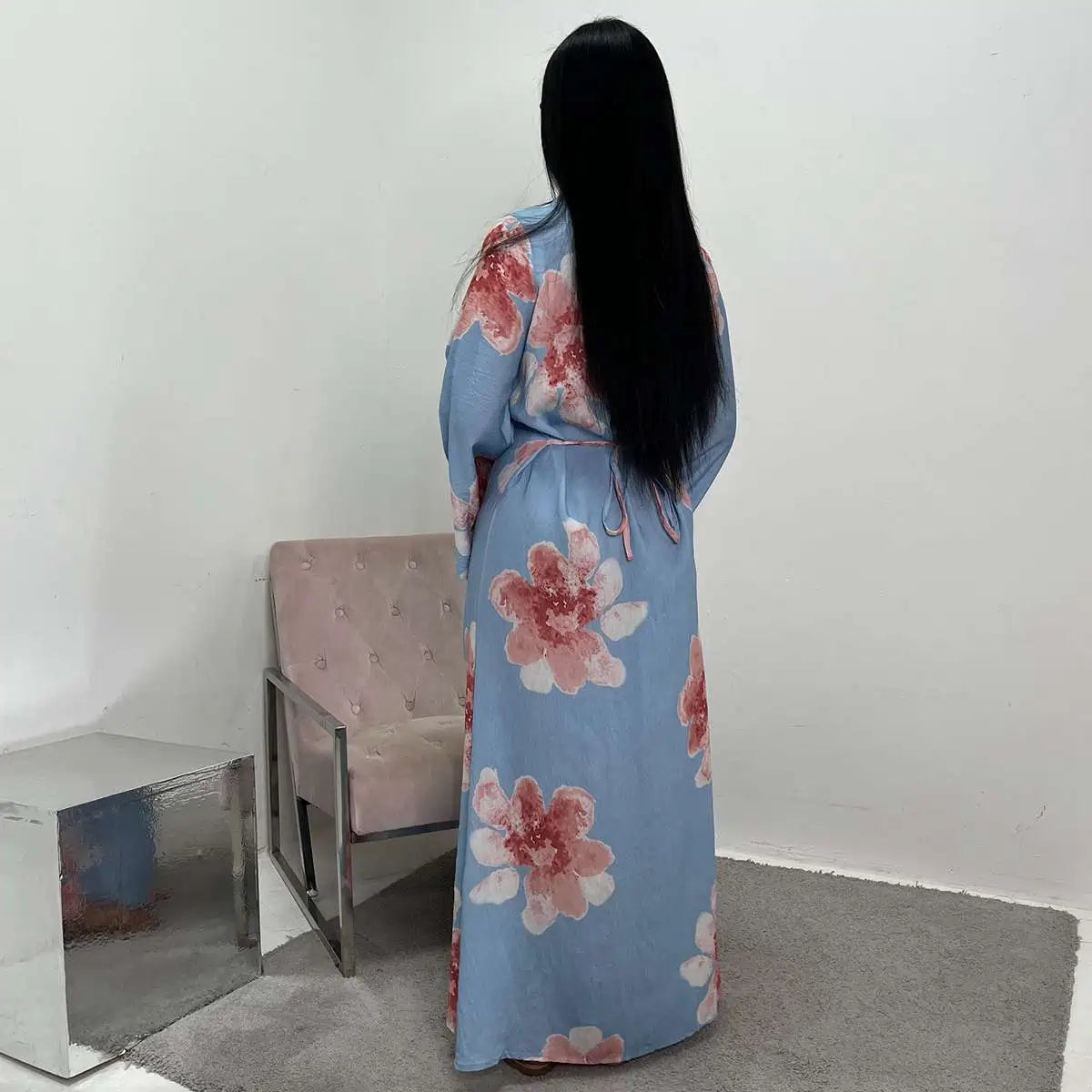 Satin Printed Abaya Dress With Belt #251063