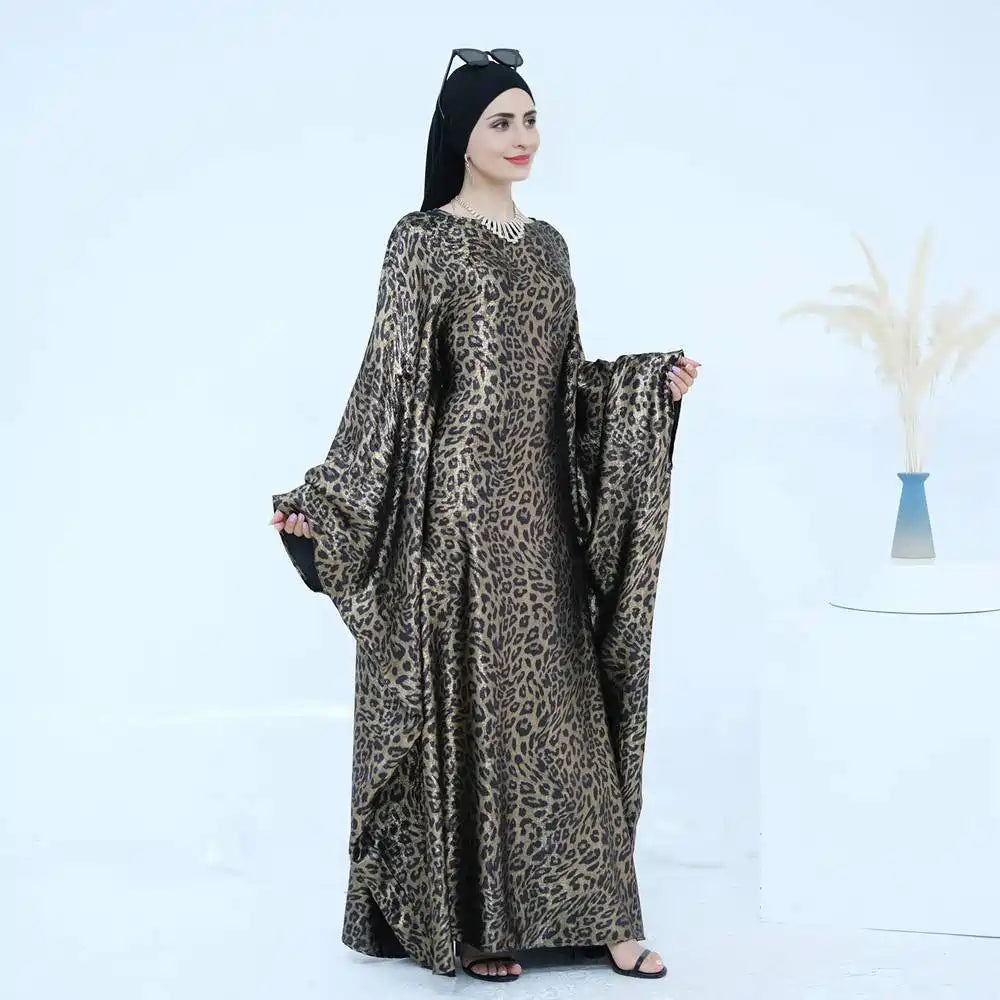 Bronzing Leopard Print Batwing Sleeve Farasha Abaya Dress #25964