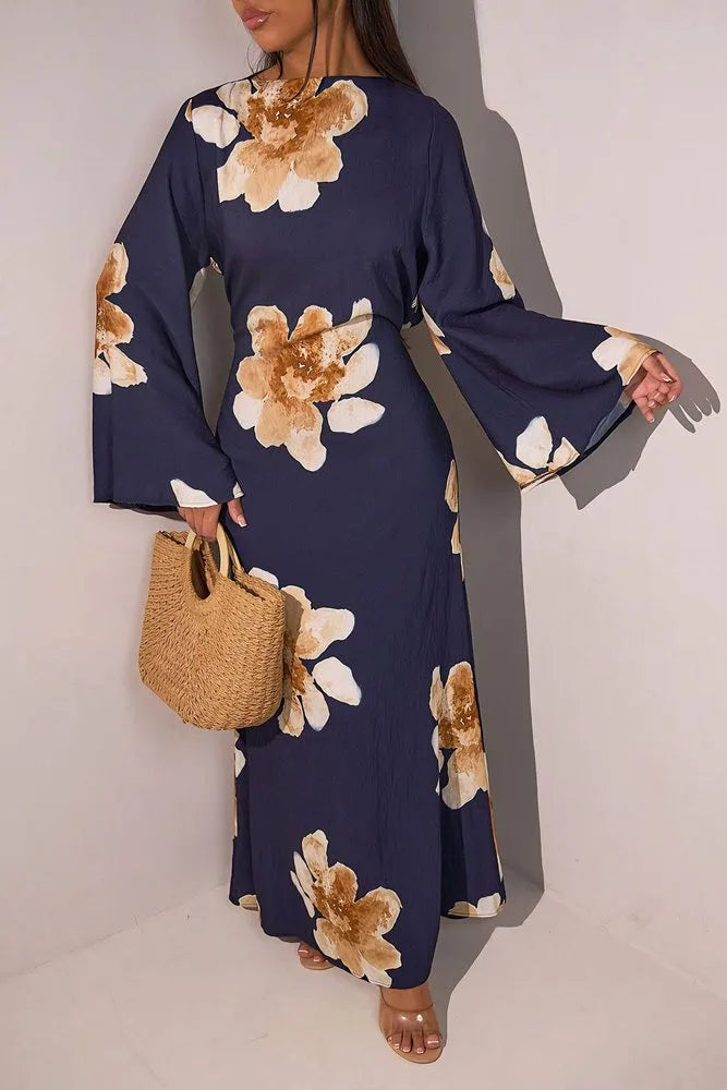 Urgarment Satin Printed Abaya Dress With Belt #251063