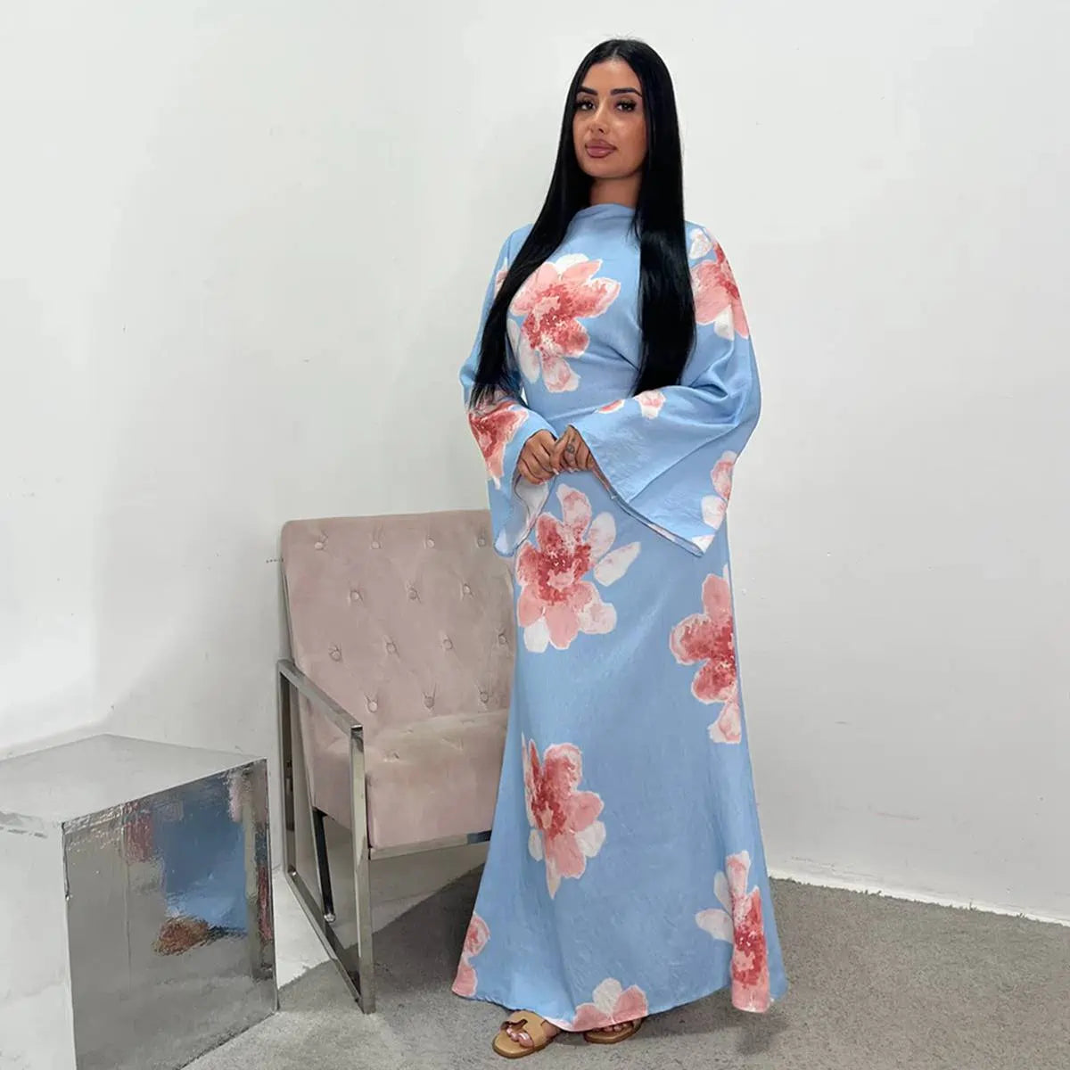 Satin Printed Abaya Dress With Belt #251063