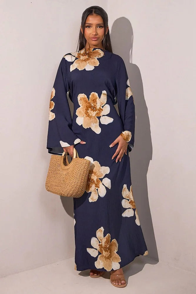 Urgarment Satin Printed Abaya Dress With Belt #251063