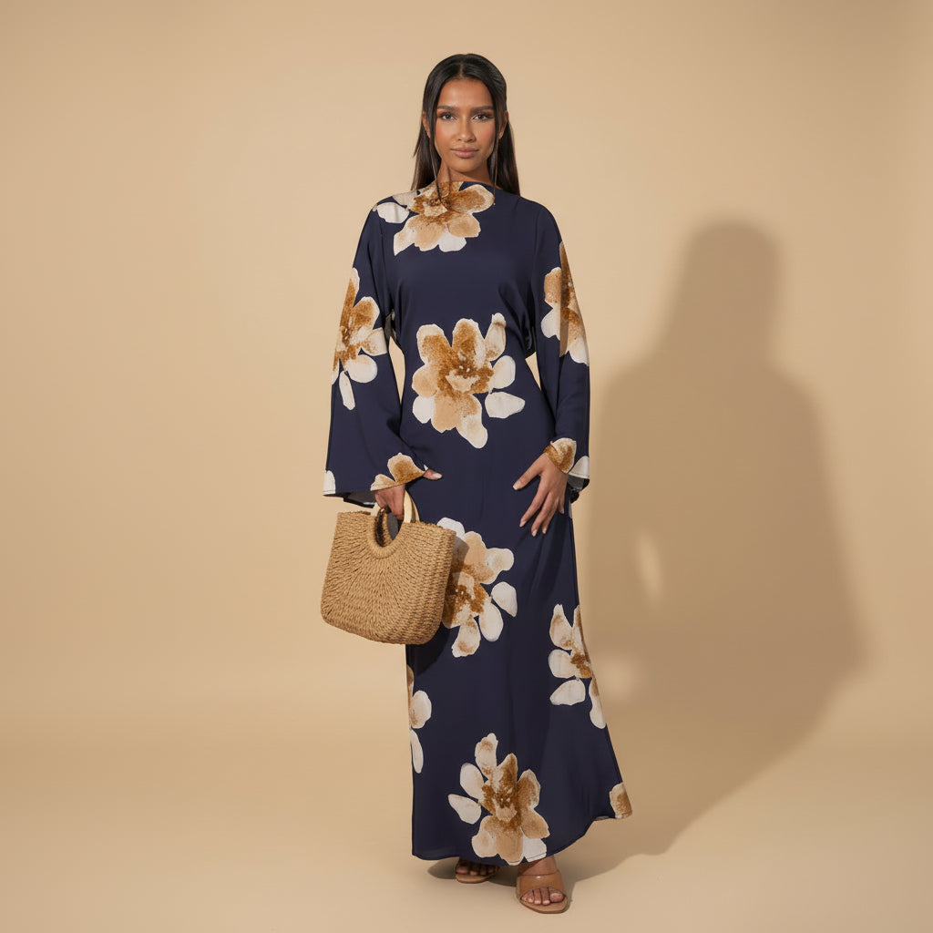 Satin Printed Abaya Dress With Belt #251063