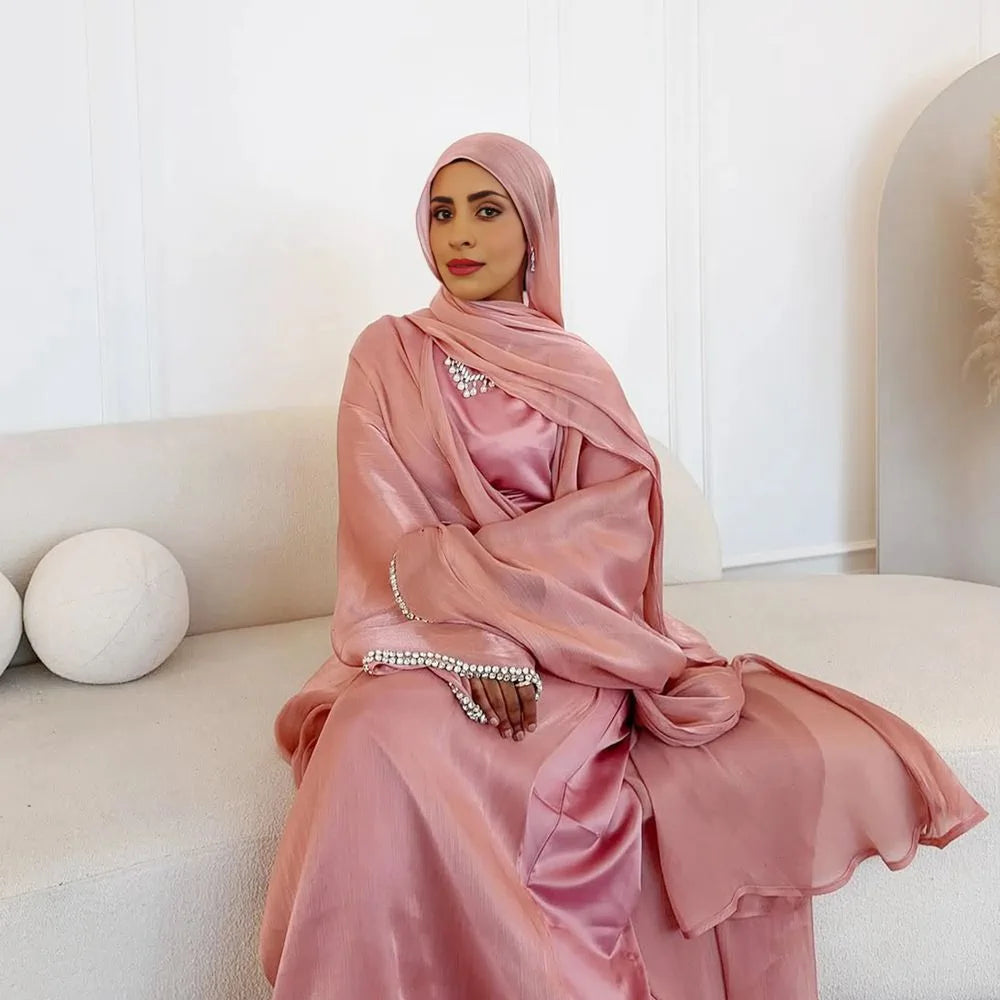3 Pieces Set Beads Cuff Open Abaya Dress Set With Matching Hijab #2510