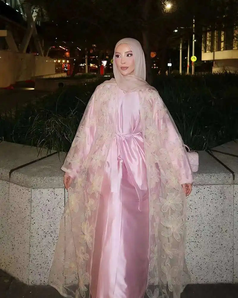 2 Pieces Set Hook Flower Embroidery Open Abaya Dress Set With Inner Dress #251071