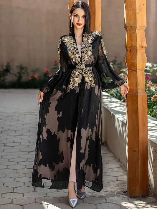 2 Pieces Set Lace Embroidery Open Abaya Dress Set With Inner Sleeveless Dress #255228