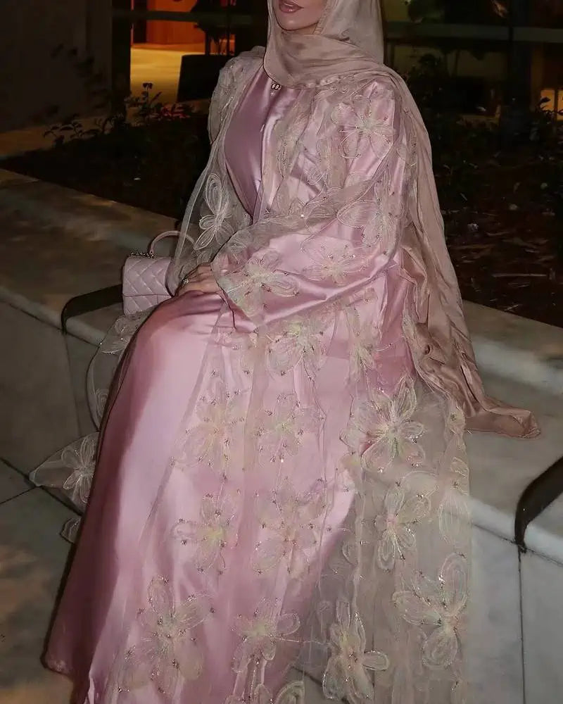 2 Pieces Set Hook Flower Embroidery Open Abaya Dress Set With Inner Dress #251071