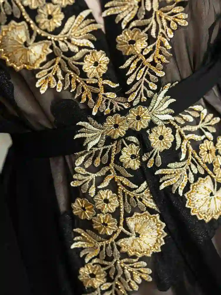 2 Pieces Set Lace Embroidery Open Abaya Dress Set With Inner Sleeveless Dress #255228