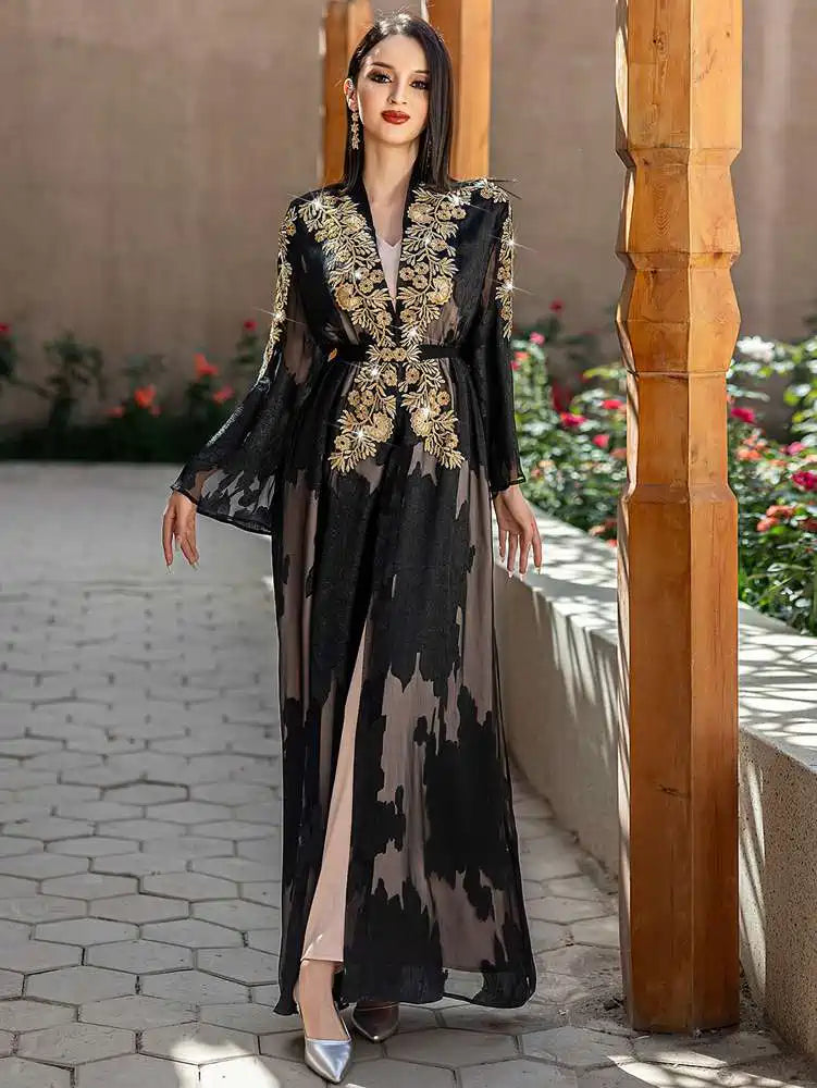2 Pieces Set Lace Embroidery Open Abaya Dress Set With Inner Sleeveless Dress #255228