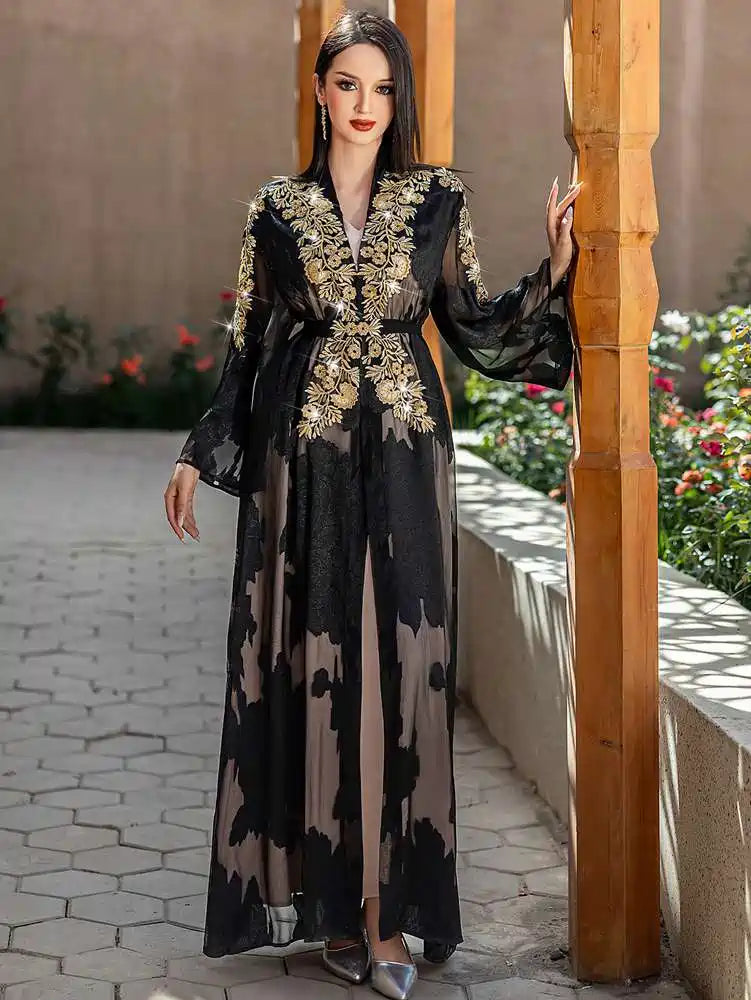 2 Pieces Set Lace Embroidery Open Abaya Dress Set With Inner Sleeveless Dress #255228