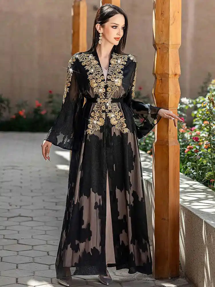 2 Pieces Set Lace Embroidery Open Abaya Dress Set With Inner Sleeveless Dress #255228