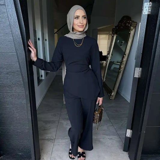 Muslim Women Daily Wear 2 Pieces Set Nida Tops And Pants Suit #251089