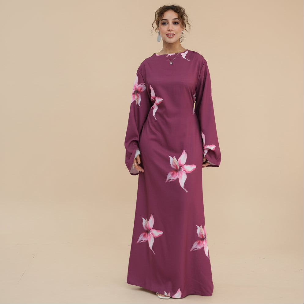 Printed Abaya Dress For Women - Black/Pink/Maroon - #261277