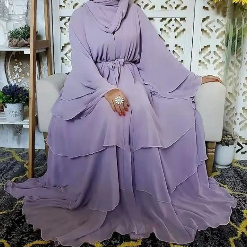Muslim Women 3 Layer Chiffon Open Abaya Dress With Hijab – Urgarment