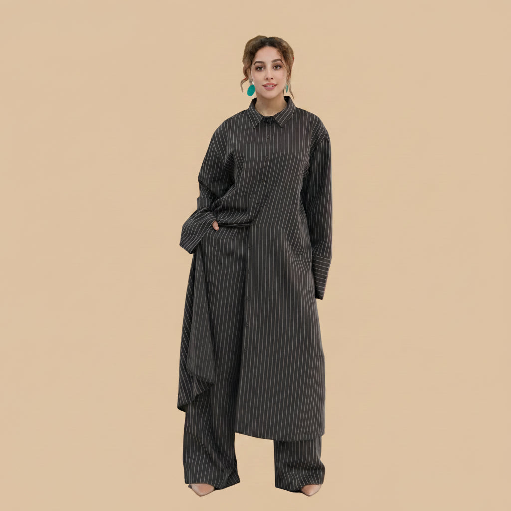 Muslim Women 2 Pieces Set Tops And Pants Suit Set - With Stripe Pattern - Abaya Daily Wear - #261293