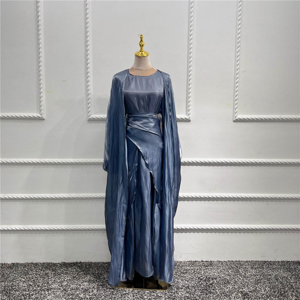 Dark Gray - XL - 3 Pieces Set Muslim Women Abaya Dress Solid Color