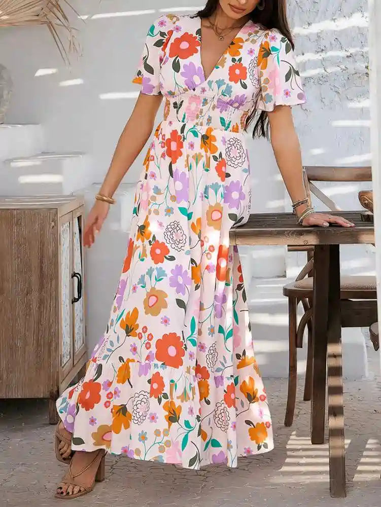 Color Contrast Printed V Neckline High Waist Dress #252547