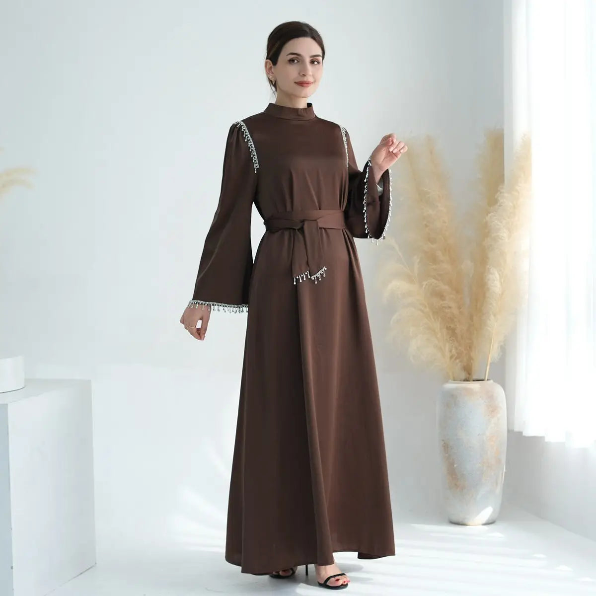 Muslim Women Beads Satin Abaya Dress