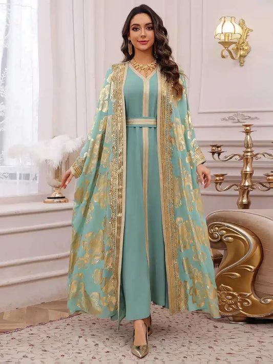 2 Pieces Set Bronzing Eid Dress Caftan Kaftan With Inner Sleeveless Dress #25473