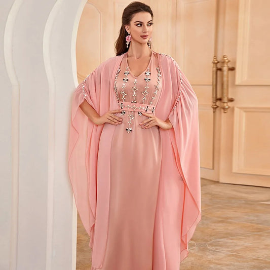 Hand-stitched Rhinestone 2 Pieces Set Caftan Kaftan Dress With Inner Sleeveless Dress #252507